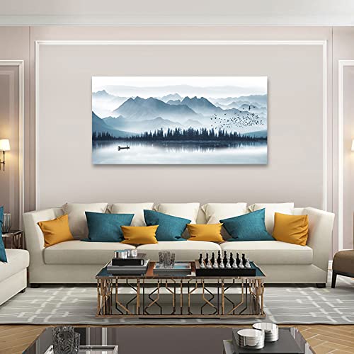 Indigo Canvas Wall Art Misty Mountain Wall Pictures Foggy Lake Boat Painting Prints Forest Birds Artwork Wall Decor for Living Room Wall Decorations Framed Ready to Hang 24" x 48"