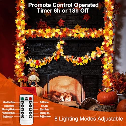 6 Pack 5.74 Feet Each Maple Leaves Garlands with 8 Lighting Modes LED String Lights Artificial Maple Leaf Fall Decorations for Home Indoor Outdoor Thanksgiving Halloween Decor (6 Count)