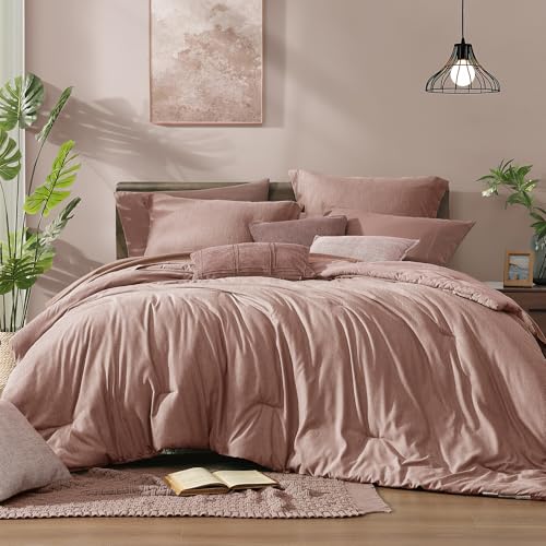 King Comforter Set 7 Pieces Dusty Pink Cationic Dyeing Bed in a Bag