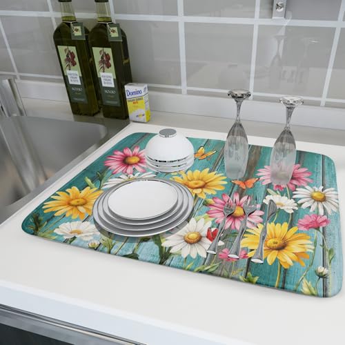 Farmhouse Flower Dish Drying Mat for Kitchen Counter Spring Summer Floral Country Super Absorbent Reversible Microfiber Kitchen Countertop Protector Dishes Pad Large 18x24 inch