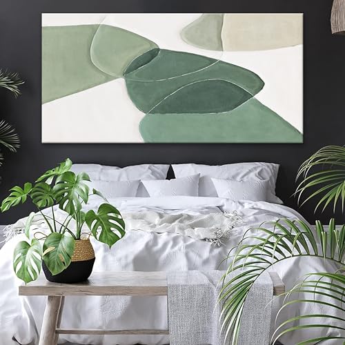 Modern Wall Art Large Green And White Geometric Color Block Line Wall Painting Artwork Canvas Simple Picture Textured Artwork For Living Room Bedroom Office Home Decor 29"X 58"