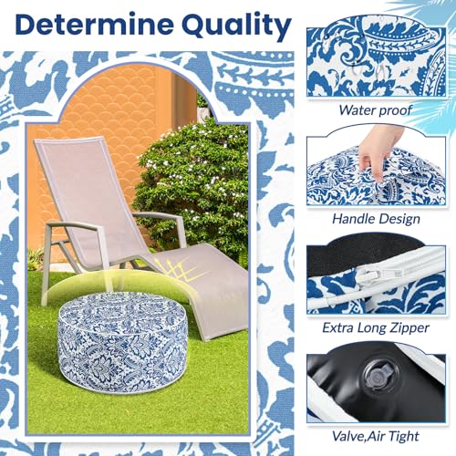 2 Pcs Inflatable Outdoor Ottoman Pouf Waterproof Round Footrest with Handle D21 x H9 Inch Indoor Outdoor Portable Footstool for Patio Garden Camping or Home Pool (2 Count)