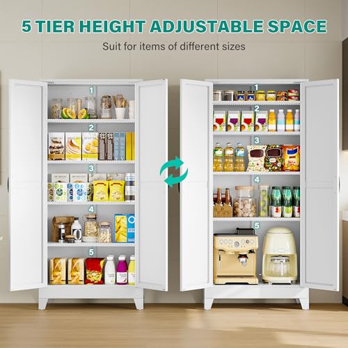 Wide & Deep Pantry Storage Cabinet with 2 Doors and 5 Shelves