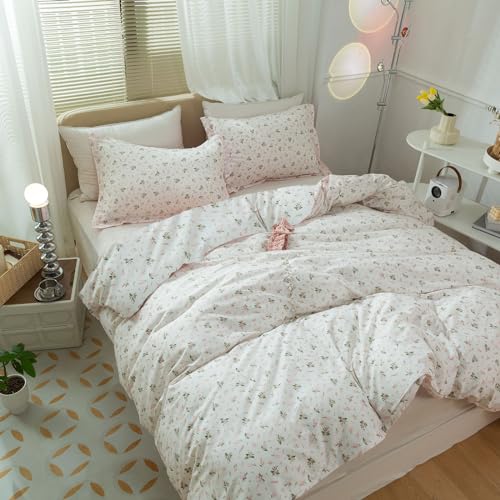 Garden Pink Floral Comforter Set Queen Size Vintage Boho Floral Bedding Comforter Queen with 2 Pillowcases Fluffy Soft All Seasons Bedding Set Cottagecore Flowers Botanical Comforter Set