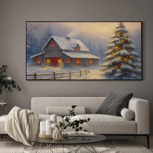 24"x46" Extra Large Framed Wall Art Rustic Winter Cabin with Christmas Tree and Snowy Landscape for Home Living Room Bedroom Decor
