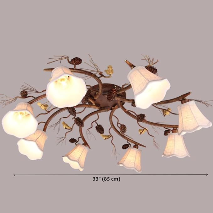Rustic Semi Flush Mount Ceiling Light 8 Light Bird Ceiling Light Fixture Fabric