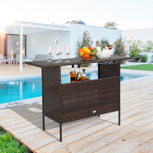 Wicker Outdoor Bar Table with 2 Steel Shelves
