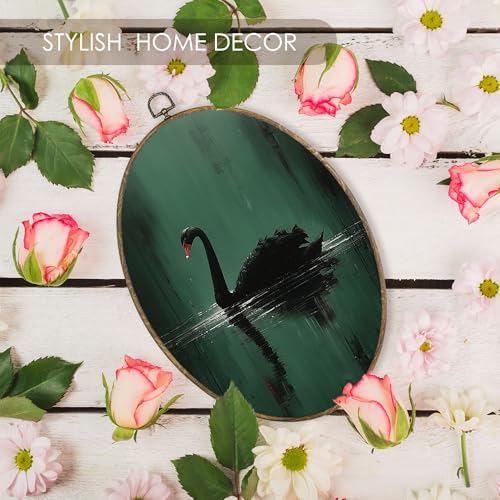 Dark Green Black Swan Oval Wall Art Decor Framed