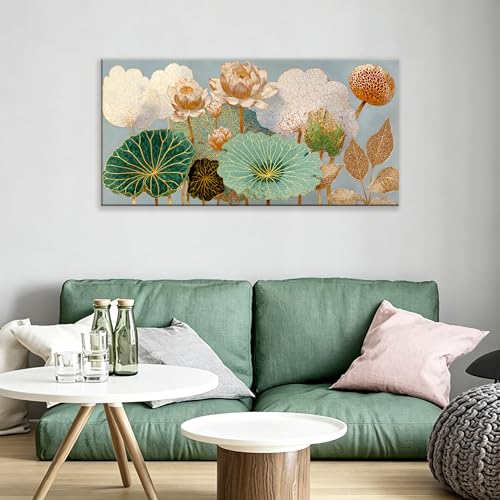 Large Canvas Wall Art Decor Modern Floral Botanical Nature Canvas Prints Gold Lotus Flower Wall Art Decor For Living Room Elegant Canvas Art Wall Decor For Bedroom Home Office Wall Decor 24"×48"