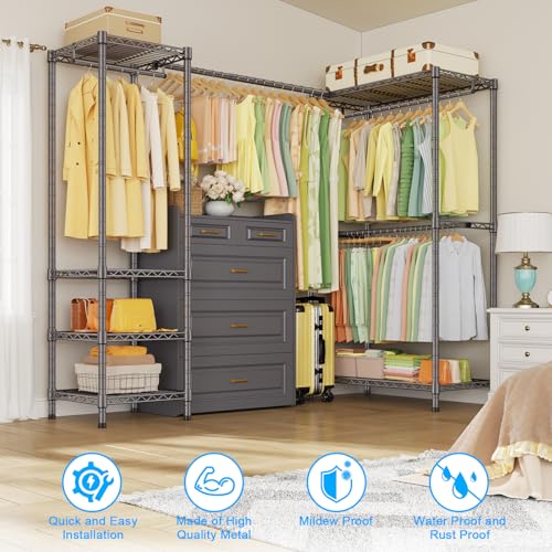 E10L L Shaped Clothes Rack for Corner（With Expandable Hanger Rod）Heavy Duty Freestanding Clothing Racks for Hanging Clothes
