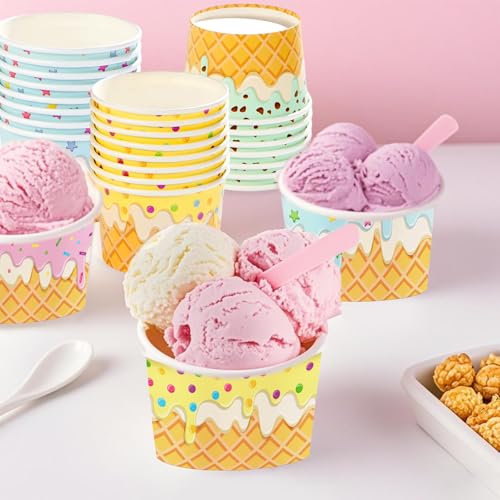 Greencian 120Pcs Summer Ice Cream Cups 12oz 4 Colors for Hot or Cold Food (12 Count)