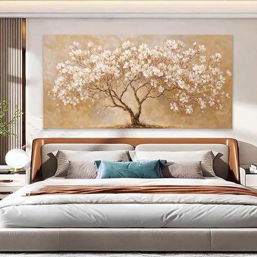Oversized Canvas Wall Art Decor Beige Magnolia Tree of Life Canvas Art Wall Decor For Living Room Modern Tree Nature Canvas Prints White Flower Wall Art Decor For Bedroom Home Office Decor 29"×58"