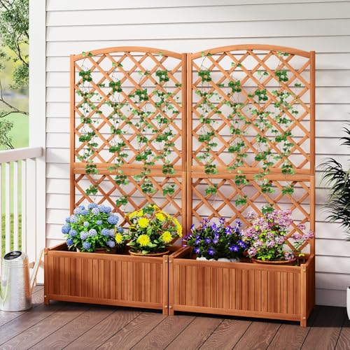 63" Wooden Raised Garden Bed with Trellis & Slat Bottom Base