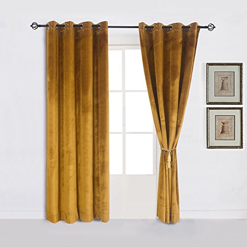 Super Soft Luxury Velvet Warm Yellow Blackout Velvet Energy Efficient Grommet Curtain Panel Drapes Ginger Mustard Curtain Panels 52Wx96L