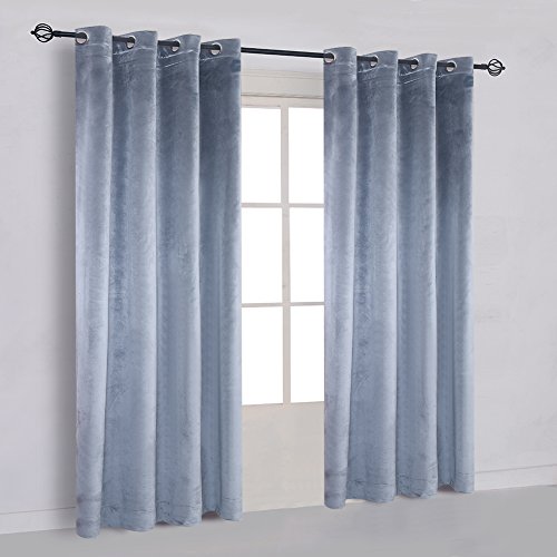 Super Soft Luxury Velvet Stone Blue Blackout Drapes Room Darkening Curtains Panel Grommet Drapery 52 by 96 inch Dusty Blue
