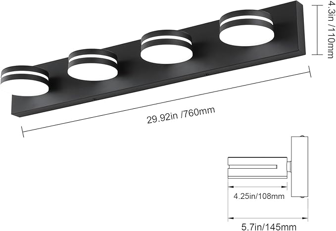 4-Light Bathroom Vanity Light, Matte Black Bathroom Light Fixtures Over Mirror