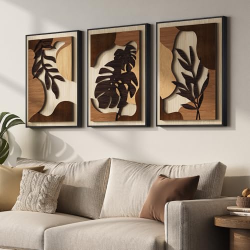 Framed Wood 3D Boho Tropical Botanical Wall Decor Art Bedroom (3 Count)