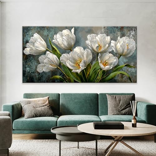 Oversized Canvas Wall Art Decor White Tulip Flower Canvas Art Wall Decor For Living Room Modern Floral Botanical Wall Art Prints Elegant Nature Flower Wall Art For Bedroom Home Office Decor 29"×58"