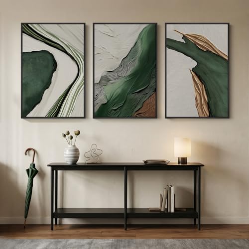 Large Framed Green White Abstract Wall Art for Living Room (3 Count)