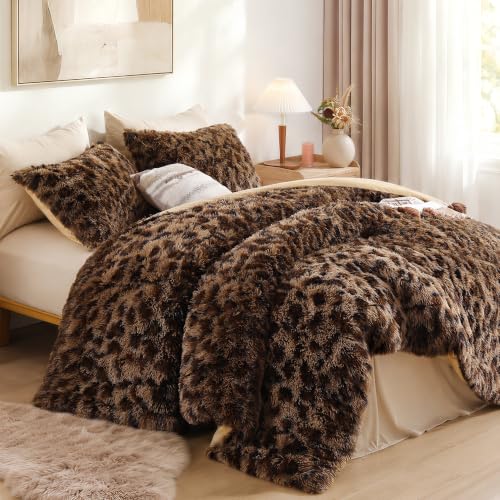 Fluffy Queen Comforter Set Leopard Print Faux Fur Comforter Set 3Pcs