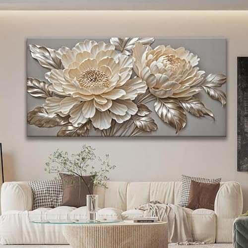 Large White Flower Canvas Wall Art For Living Room Prints 29 X 58 Inch
