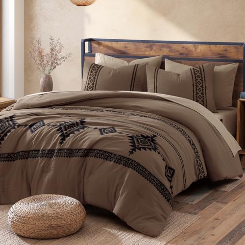 Embroidery King Size Comforter Set 7 Pieces Brown Bed in a Bag