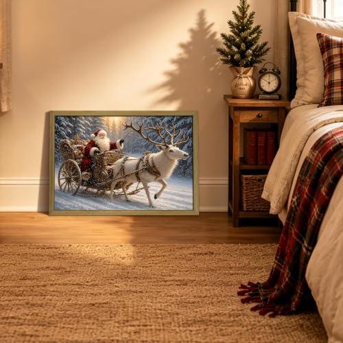 Wood Framed Vintage Santa Claus Sleigh Wall Art