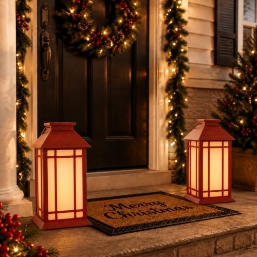 13 Inch Christmas Outdoor Decorative Lanterns with Candle Timer 2 Pack
