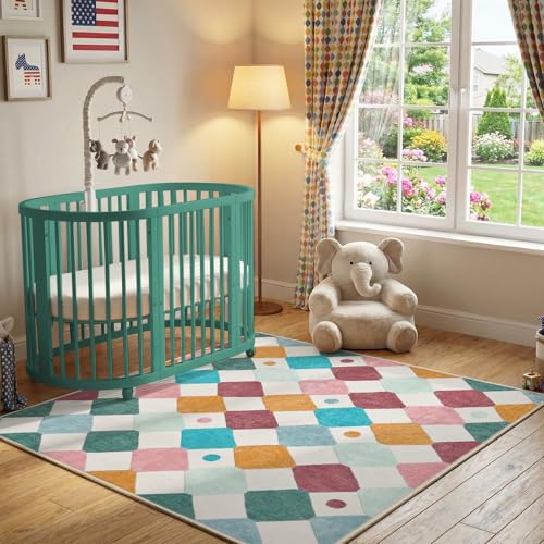 5x5 Nursery Rug Kids Room Square Rug Washable Colorful Playroom Rug (25 Sq Ft)