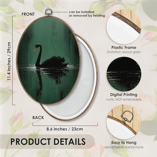 Dark Green Black Swan Oval Wall Art Decor Framed