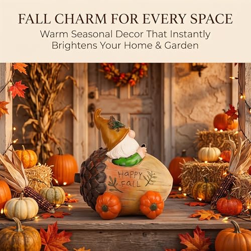Fall Gnome Figurine with Acorn Car & Pumpkin Wheels
