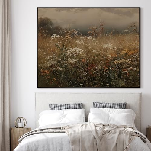 60"x72" Extra Large Framed Wall Art Autumn Meadow Landscape Rustic Brown and Golden Field Illustration for Home Living Room Bedroom Decor