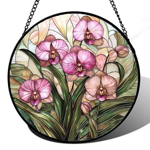 Phalaenopsis Orchid Stained Glass Window Hanging Decor Gifts for Women 9.8"