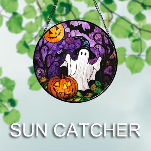 Stained Glass Window Hanging Halloween White Ghost Black Bat 11.8"