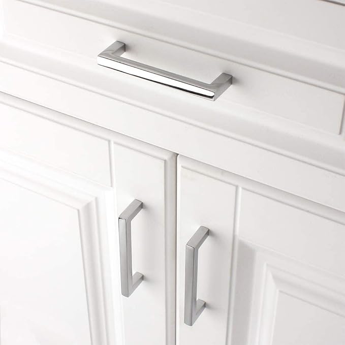 KOOFIZO Solid Square Bar Cabinet Handle - Chrome Furniture Pull, 3.8 Inch/96mm Screwhole Distance, 10-Pack for Kitchen Cupboard Door, Bedroom Dresser Drawer, Bathroom Wardrobe Hardware