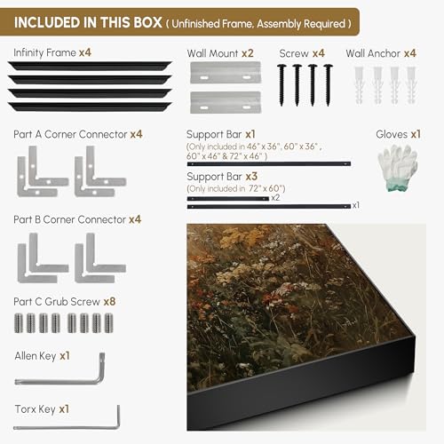 46"x72" Extra Large Framed Wall Art Autumn Meadow Landscape Rustic Brown and Golden Field Illustration for Home Living Room Bedroom Decor