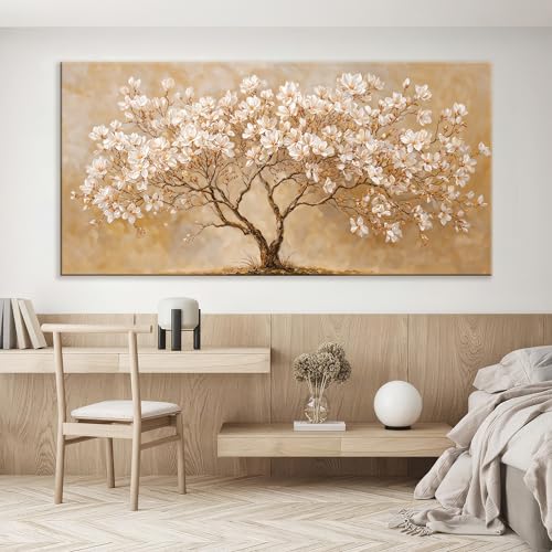 Oversized Canvas Wall Art Decor Beige Magnolia Tree of Life Canvas Art Wall Decor For Living Room Modern Tree Nature Canvas Prints White Flower Wall Art Decor For Bedroom Home Office Decor 29"×58"