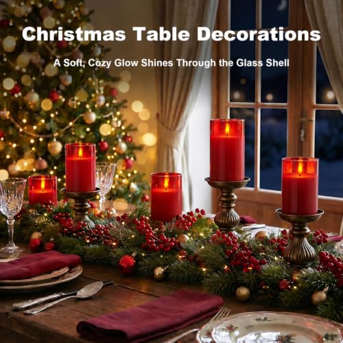 Red Glass Flameless LED Candles Battery Operated with Remote Timer (3 Count)