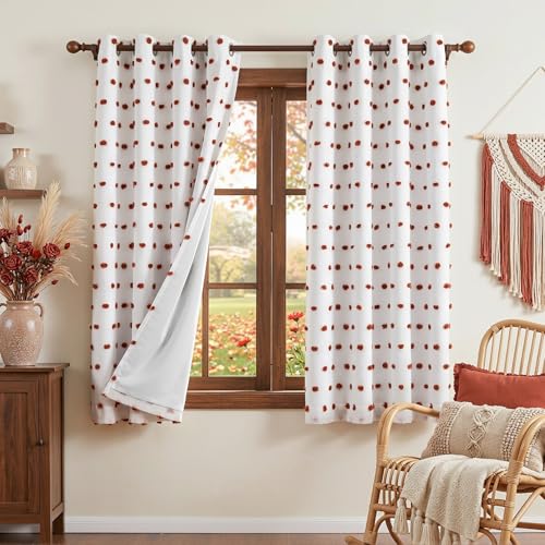 Blackout Boho Curtains for Bedroom 63 Inch Long Brick Red Pom Pom Curtains for Kids Room 100% Room Darkening Window Treatment 2 Layered Drapes Toddler Grommet 50W x 63L (2 Count)
