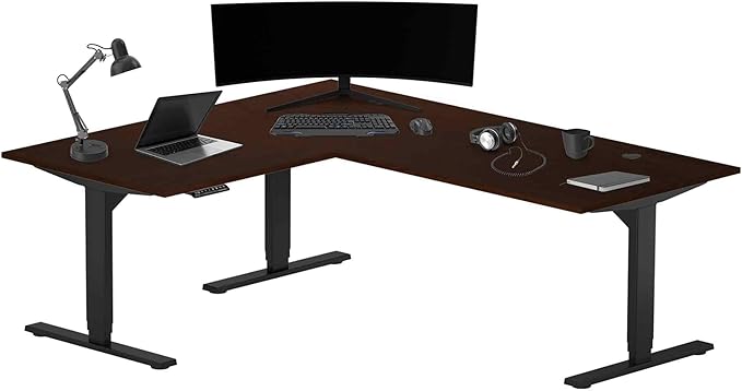 Progressive Desk Stand Up Height Adjustable Electric Standing Desk - L Shaped 60" x 72" Corner Computer Rising Workstation Table - Black Frame, Roasted Walnut Top