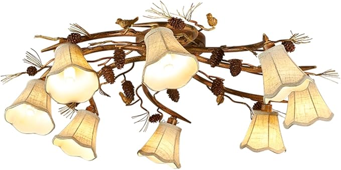 Rustic Semi Flush Mount Ceiling Light 8 Light Bird Ceiling Light Fixture Fabric