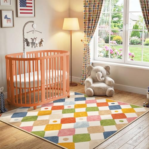 Checkered Square Rug 5x5 Washable Colorful Kids Room Play Mat (25 Sq Ft)