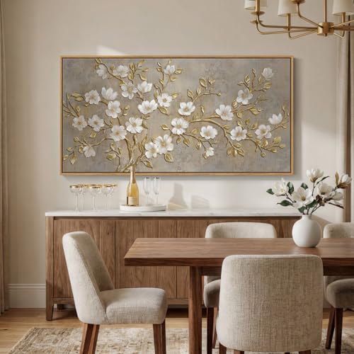 Large Framed Neutral Floral Wall Art for Living Room