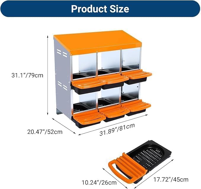 [6-Pack] Chicken Nesting Boxes for Hens - Galvanized Steel Wall Mount or Freestanding Chicken Nest, Removable Plastic Egg Tray & Ventilation Holes - Poultry Nesting Boxes for Egg Laying (Orange)