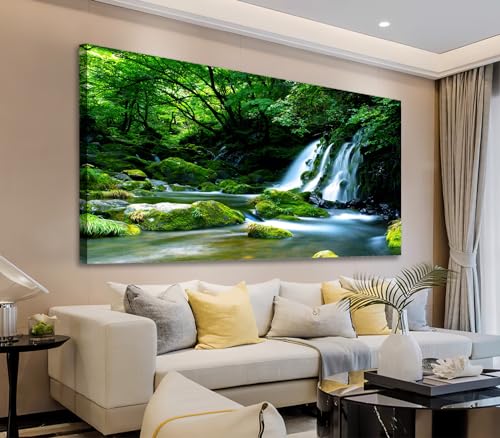 Waterfall Canvas Wall Art Living Room Decoration Large Nature Picture Artwork Modern Landscape Painting Green Forest Prints for Kitchen Office Wall Decor Home Decorations 24" x 48"