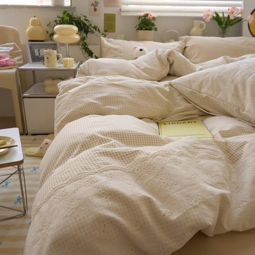 Tan Gingham Comforter Set Queen Princess Lace Style Beige Taupe Plaid Comforter Set Soft Fluffy Grid Farmhouse Gingham Bedding Set Vintage Plaid Checkered Comforter with 2 Pillowcases