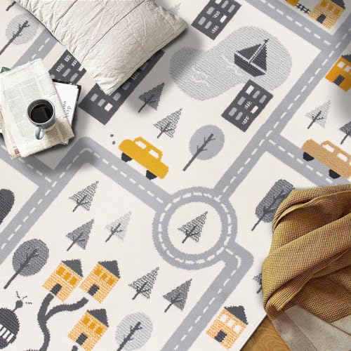 Kids Play Road Cityscape Playroom Area Rug Cream 5' x 7'