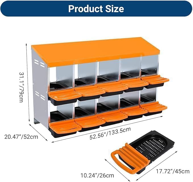 Chicken Nesting Box，10-Hole Nesting Boxes for Chicken Coop with Removable Plastic Egg Tray & Ventilation Holes, Wall Mount/Freestanding Poultry Laying Box for Hens, Ducks & Coops