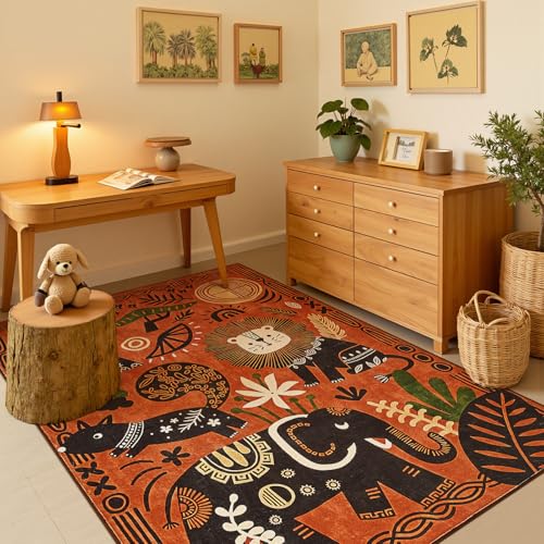 5x7 Cute Area Rug Kids Washable Fun Rug Terracotta Boho Jungle Mat (35 Sq Ft)