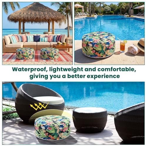 2 Pcs Inflatable Outdoor Ottoman Pouf Waterproof Round Footrest with Handle D21 x H9 Inch Indoor Outdoor Portable Footstool for Patio Garden Camping or Home Pool (2 Count)